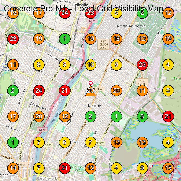 Concrete Pro NJ Concrete Contractor GeoGrid ranking map for Kearny NJ